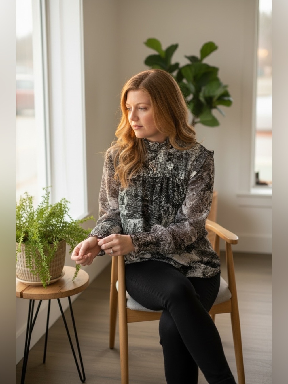 Elan “Stormy Seascape” print in Grey & Black Mock-Neck Long-Sleeve Blouse